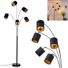 Bhutan Floor Lamp, Metal / Fabric Floor Lamp in Black/Gold, 5 Bulbs, 5 x E14 Sockets, Modern Light with Adjustable Light Heads and Foot Switch on Cable, Bulb Not Included