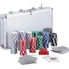 Relaxdays pokera futrālis, 300 lāzera pokera žetoni, 2 kāršu kavi, 5 kauliņi, tirgotāja poga, slēdzams alumīnija futrālis, sudrabs