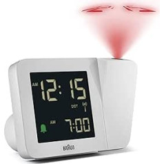 Braun Digital Radio Projection Alarm Clock for Central European Time Zone (DCF) with Negative LCD Display, Quick Setting and Alarm Beep in White, Model BC15W-DCF