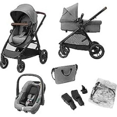 Maxi-Cosi Zelia S Trio 3-in-1 pilns komplekts, 0-4 gadi, līdz 22 kg, salokāms, kompakts, regulējams mazulis, ar CabrioFix S i-Size bērnu sēdeklīti, Aksesuāri, maiņas soma, pelēka