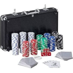 Relaxdays 10031552 pokera futrālis, 300 pokera žetoni bez vērtības, 2 kāršu komplekti, 5 kauliņi, dīlera poga, slēdzams, alumīnijs, melns