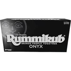 Rummikub Onyx Edition — izsmalcināts unikālu melnu Rummikub flīžu un košu iegravētu skaitļu komplekts, ko piedāvā Pressman, daudzkrāsains