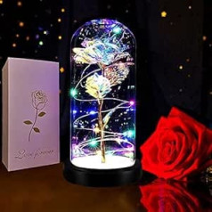 Mūžīgā roze ar galaktikas rozi un krāsainu LED gaismu stikla kupolā romantiskām dāvanām Valentīndienā, Mātes dienā, jubilejā