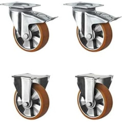 CASCOO SETTHFH125BAU5D0N Castors Set 2 Castors with Locks, 2 Fixed Castors, Aluminium Rim, Polyurethane, Diameter 125 mm, Heavy Duty, Double Ball Bearings, Load Capacity 1200 kg (Pack of 4)