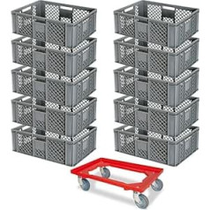 10 Euro Containers, L x W x H 600 x 400 x 240 mm, Food-Safe, Grey + 1 Transport Wheel, Red