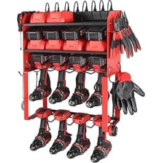 Power Tool Organiser Wall Mount, Drill Holder Wall Mount with Charging Station for Garage, 4 Layers Power Tool Holder for 8 Drill Storage, Tool Shelf and Rack for Chest, Box and Battery Organization