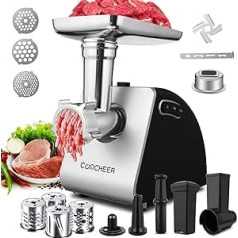 COOCHEER Electric Meat Mincer 2000 W, Sausage Machine and Food Processor in One, with 3 Perforated Discs, 4 Cone Blades and Sausage Filler, Attachments for Cookie