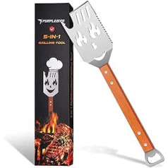 PURPLEBIRD 5 in 1 Barbecue Spatula, 41 cm, Multifunctional Barbecue Accessories, Stainless Steel Barbecue Utensils with Extra Long Wooden Handles and Bottle Opener