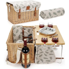 WILLOW WEAVE piknika grozs ar galdu, vīna piknika grozu komplekts 4, pīts piknika grozs 4 personām, pīts dāvanu komplekts ar segu un pārnēsājams vīna uzkodu galds kempingam un āra ballītēm