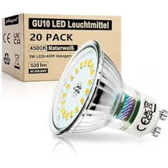 Allesgute GU10 LED 5 W LED lampas stikls Neitrāls balts 500 lm LED spuldzes 45 W Halogēna LED Replacement Base Klasiskās LED spuldzes, nav aptumšojamas 20 gab.