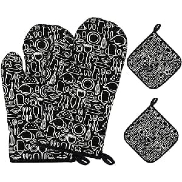 Netspower Oven Gloves Set of 4 Universal Size BBQ Gloves Fireplace Gloves Cooking Gloves with Pot Holder for BBQ Cooking Baking., Black (black pattern)