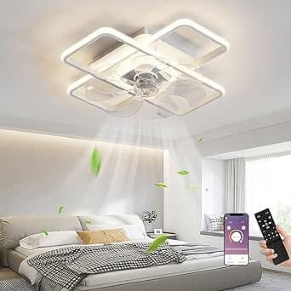 MiiR griestu ventilators ar apgaismojumu, LED 70 W griestu ventilators ar tālvadības pulti, klusa lampa ar ventilatoru, regulējams, 6 līmeņu vēja ātrums, griestu apgaismojums viesistabai, guļamistaba, balts, 50 cm