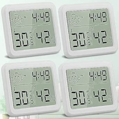 DazSpirit Digital Thermometer Hygrometer, Room Thermometer Indoor Thermo-Hygrometer, Humidity Meter with Smiley Indicator Time for Bedroom, Baby Room, Greenhouse, Office (4 Pieces, White)