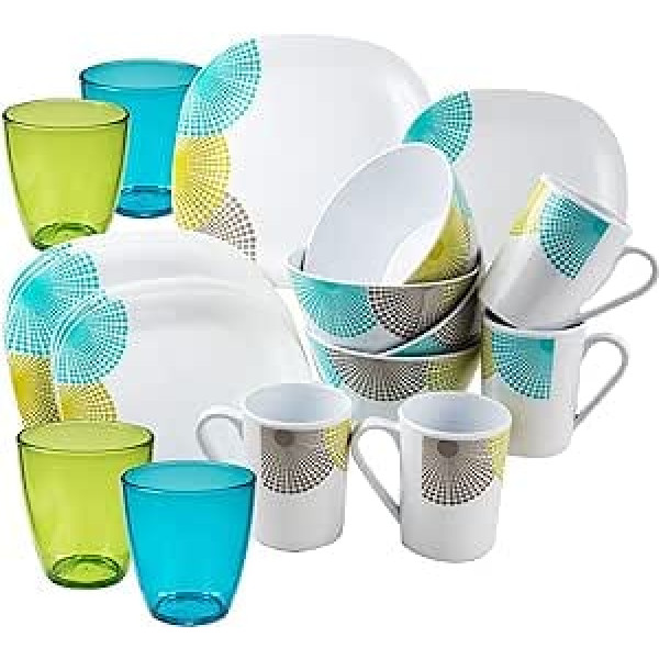 Melamine Camping Crockery Set Dots 20 Pieces with Glasses 280 ml - Turquoise White Green - Dinner Service for 4 People - Outdoor Tableware - Dinnerware Crockery Set - Modern Camping Tableware