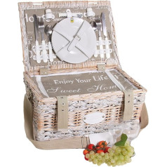 Les Jardins de la Comtesse - Willow Love Picnic Basket - Complete for 2 People - Cooling Compartment/Ceramic Plates and Wine Glasses - Printed Beige Fabric Love - 40 x 28 x 23 cm