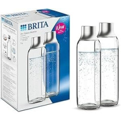 BRITA Glass Bottle for sodaTRIO Water Carbonator (1 L), 2 x Replacement Bottles - Lightweight, Elegant Glass Water Bottles / Carbonator Bottles with Polished Stainless Steel Cap