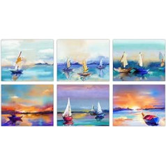 PLIGREAT Pack of 6 Sailing Boat Canvas Wall Prints, 20 x 25 cm, Unframed Blue Abstract Oil Painting Poster Wall Art Decor, Sunset by the Sea Landscape Wall Picture for Living Room Office Decoration