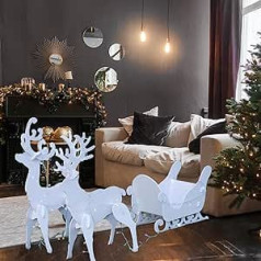 3 daļ. Ziemeļbriežu silueta ģimene, 3D brieži un kamanas ar LED lampas virteņu komplektu, iekštelpu Ziemassvētku dekors viesistabai, zālienam, dārzam, pagalmam, svētku dekorēšanai