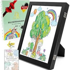 Picture Frame A4 Black for Storing Children's Drawings Real Glass Front Hinged Hinged Hinged Can Be Filled up to 150 Sheets of Artwork Mounting Material and German Instructions (Black)