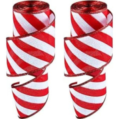 2 Rolls Christmas Peppermint Stripes Ribbon Red and White Glitter Wired Ribbon Candy Cane Fabric Ribbon Packaging DIY Ribbon Christmas Wide Ribbons for Christmas Tree Bow Wreath