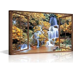 TISHIRON 3D Open Wooden Window Wall Art Canvas Waterfall View Print Painting Framed Home Decor Painting Hanging on Walls for Living Room Bathroom Ready to Hang 16 x 24 Inches