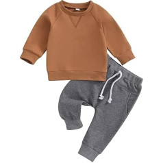 Fabumily Toddler Baby Boys Drēbes 2gab Rudens tērpi Garām piedurknēm Vienkrāsains džemperis T-krekls Ikdienišķs savelkams bikšu komplekts (A-Russet & Grey, 0-6 mēn.)