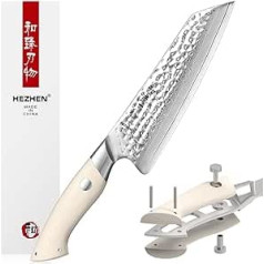 HEZHEN 18,7 cm Santoku nazis, šefpavāra nazis izgatavots no Damaskas tērauda ar augstu oglekļa saturu, japāņu stila ziloņkaula balts G10 rokturis