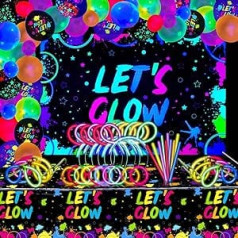 Xjlantte Pack of 190 Neon Glow Birthday Party Supplies Background Banner, Tablecloth, Glow in the Dark Balloons, Glow Sticks, Bracelet Connectors, Glasses and Headband for Children, Neon Party Decorations