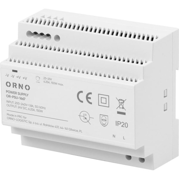 DIN sliedes barošanas avots, 24VDC, 6.25A, 150W, 6 moduļi