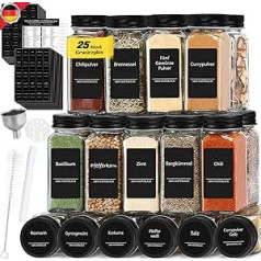 Baseola Square Spice Jars, Set of 25 with 512 Spice Labels, 120 ml Spice Jars with Shaker Insert, Chalk Pen, Funnel & Brush, Black Lid