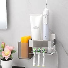 ALOCEO Toothbrush Holder and Toothbrush Holder with 2 Hooks, 304 Stainless Steel Bathroom Toothbrush Holder, Self-Adhesive Toothbrush Holder, Electric Toothbrush, Silver
