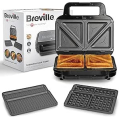 Breville 3-in-1 Ultimate sendvičtipa | Īpaši dziļi šķīvji sviestmaizēm, vafelēm un panīniem | Noņemamas plāksnes ar nepiedegošu pārklājumu | Melns un nerūsējošais tērauds [VST098X] | ES spraudnis