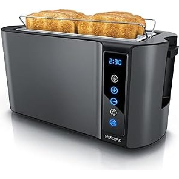 Arendo - Stainless Steel Toaster Long Slot 4 Slice Touch Panel - Double Wall Housing - 1500 W - Integrated Bun Attachment - 7 Browning Levels - Bread Centring - Remaining Time Display - Memory