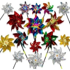 PROLOSO 15 Stück holografische reflektierende Mylar-Windrad für Garten, glitzernd, metalsches Nadelrad, dekorative Windmühlen, Spinner für Außen, Hof, Terrasse, Pool