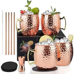 Yoassi Moscow Mule Mug, Set of 4 Copper Mugs, Moscow Mule Mug, Copper Mug, Including 4 x Silicone Coasters, 4 x Straws, 1 x Shot Glass, 1 x Straw Brush Cocktail Glasses Set