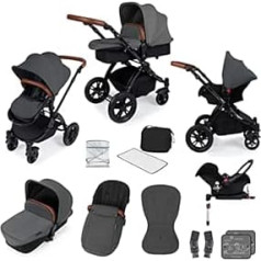 Ickle Bubba Stomp V3 All-in-One Travel System with Carry Case, Reversible Stroller and Galaxy Group 0+ Car Seat with ISOFIX Base (Grey on Black Frame)