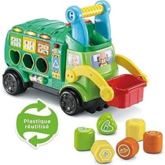 VTech — Maxi Truck atkritumu tvertne, Recyclo formas, bērnu kravas automašīna, izgatavota no izturīgākiem materiāliem, interaktīvs formu šķirotājs, modināšanas rotaļlieta, dāvana mazuļiem no 18 mēnešiem — saturs