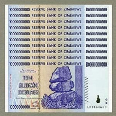 Zimbabve 10 miljardi dolāru x 10 gabali AB 2008 P85 secīgi UNC valūtas rēķini