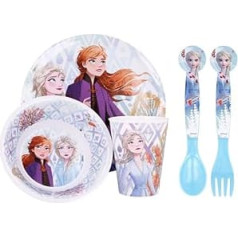 Frozen 2 rakstzīmes, 5 daļīgs krāsains BPA nesaturošs melamīna pusdienu galda komplekts — šķīvju, bļodu, krūzes, karotes un dakšiņas galda piederumu komplekts bērniem (Frozen 2)