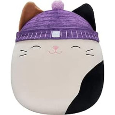 Squishmallows Original Cam Calico kaķis ar purpursarkanu cepuri, 14 collu liela īpaši mīksta oficiālā Jazwares plīša rotaļlieta