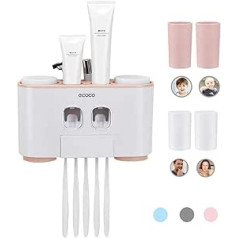 MHTech Automatic Toothpaste Dispenser and Toothbrush Holder with 2 Toothpaste Squeezers, 4 Cups, Space for 5 Toothbrushes, Suitable for All Types of Toothbrushes - Wall-Mounted Set