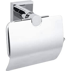 tesa HUKK Toilettenpapierhalter mit Deckel, verchromt - WC-Rollenhalter zur Wandbefestigung ohne Bohren, inkl. Klebelösung - 68 mm x 140 mm x 140 mm