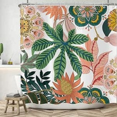 ASDCXZ dušas aizkars Boho Flowers 180 x 180 cm, abstrakti zaļi tropu augi rozā ziedi mazgājami vannas istabas dušas aizkari Poliestera tekstila ūdensizturīgs dušas aizkars vannai ar 12 dušām