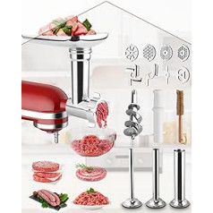 HOMGEN Metāla gaļasmašīnas piederumi KitchenAid virtuves kombainiem Gaļas maļamās mašīnas desu pildījums satur trīs desu pildījuma caurules, izturīgs un ideāls stiprinājums KitchenAid mikseriem, sudrabs