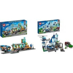 LEGO 60335 pilsētas dzelzceļa stacija, rotaļlieta ar dzelzceļa kravas automašīnu, ceļa plāksne, sliežu segmenti un mini figūriņas un 60316 pilsētas policijas iecirknis ar policijas automašīnu, atkritumu kravas automašīnu un helikopteru, po