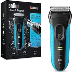 Braun Series 3 ProSkin 3040s elektriskais skuveklis ar precīzu trimmeri, uzlādējams un bezvadu slapja un sausa skuveklis vīriešiem, melns/zils