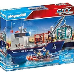 Playmobil City Action 70769 liels konteineru kuģis ar muitas laivu un iekraušanas celtni (360° pagriežams) vieglai iekraušanai un izkraušanai, ieskaitot kravas nodalījumu un 2 konteinerus, peldams, no 4 gadiem