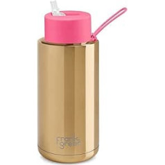 frank green 1000ml Reusable Chrome Ceramic Water Bottle with Straw Lid (Chrome Gold - Neon Pink Lid)