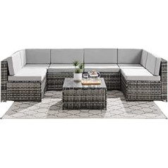 Esterno Living ECASA Rattan Corner Sofa Garden 6 Seater Modular Seat with Light Grey Cushions and Coffee Table Compact Rattan Garden Set Weatherproof Includes Rain Cover