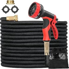 Flexible Garden Hose 15 m / 50 ft, Expandable Water Hose Flexible with 10 Functions Safety Nozzle, 3/4 and 1/2 Inch Brass Connection Kink-Free Expandable Garden Trousers for Garden, Car Washing